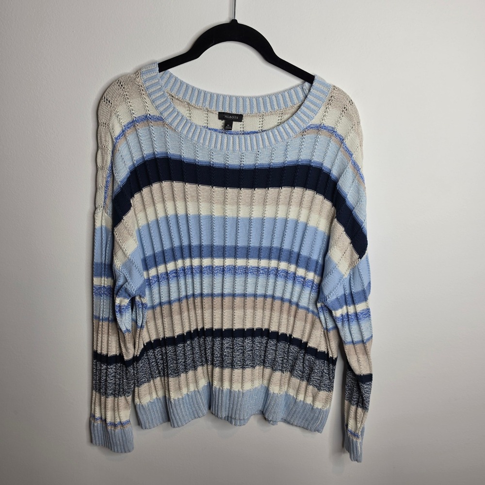 Talbots Knit Sweater Women XL Striped Pointelle Blue Multi Cotton Crewneck